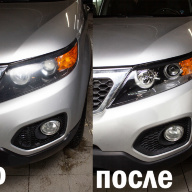Kia Sorento II - поменяли старые линзы на качественные сверхъяркие Bi-Led модули Aozoom.